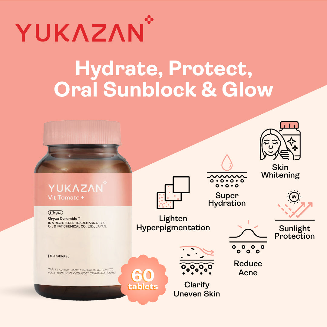 Yukazan Vit Tomato+ Brightening Supplement - Collagen, White Tomato, Oryza Ceramide Chewable Tablet - Oral Sunblock (60's)