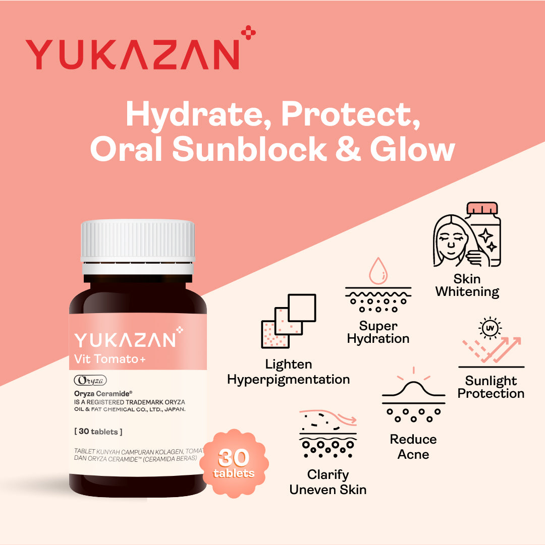 Yukazan Vit Tomato+ Brightening Supplement - Collagen, White Tomato, Oryza Ceramide Chewable Tablet - Oral Sunblock (30's)