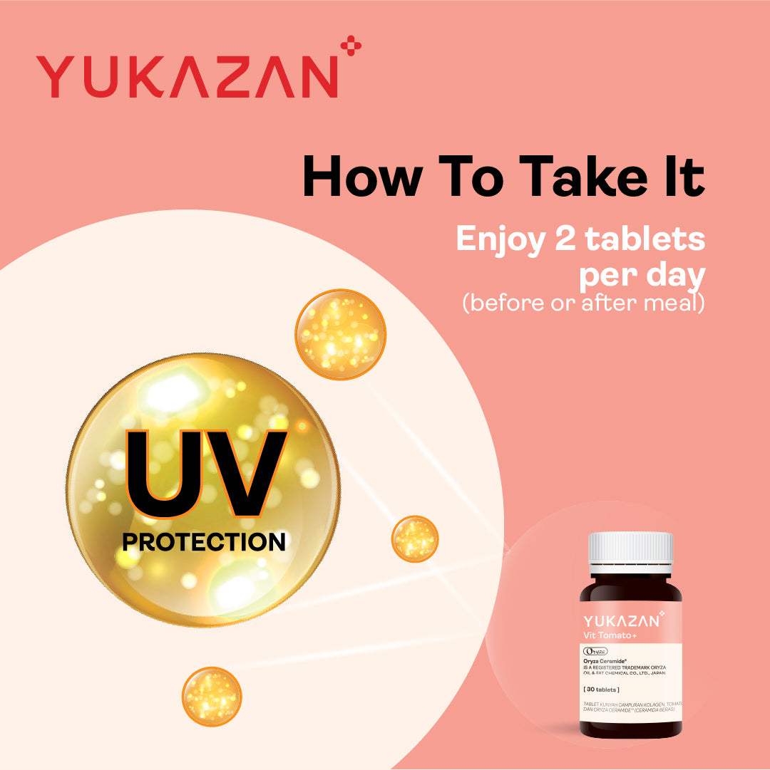 Yukazan Vit Tomato+ Brightening Supplement - Collagen, White Tomato, Oryza Ceramide Chewable Tablet - Oral Sunblock (30's)