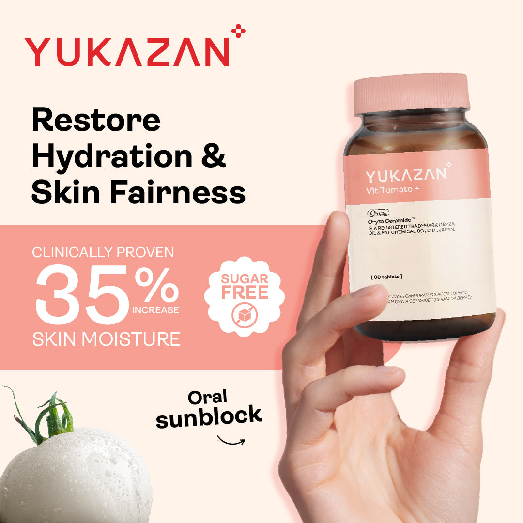 Yukazan Vit Tomato+ Brightening Supplement - Collagen, White Tomato, Oryza Ceramide Chewable Tablet - Oral Sunblock (60's)