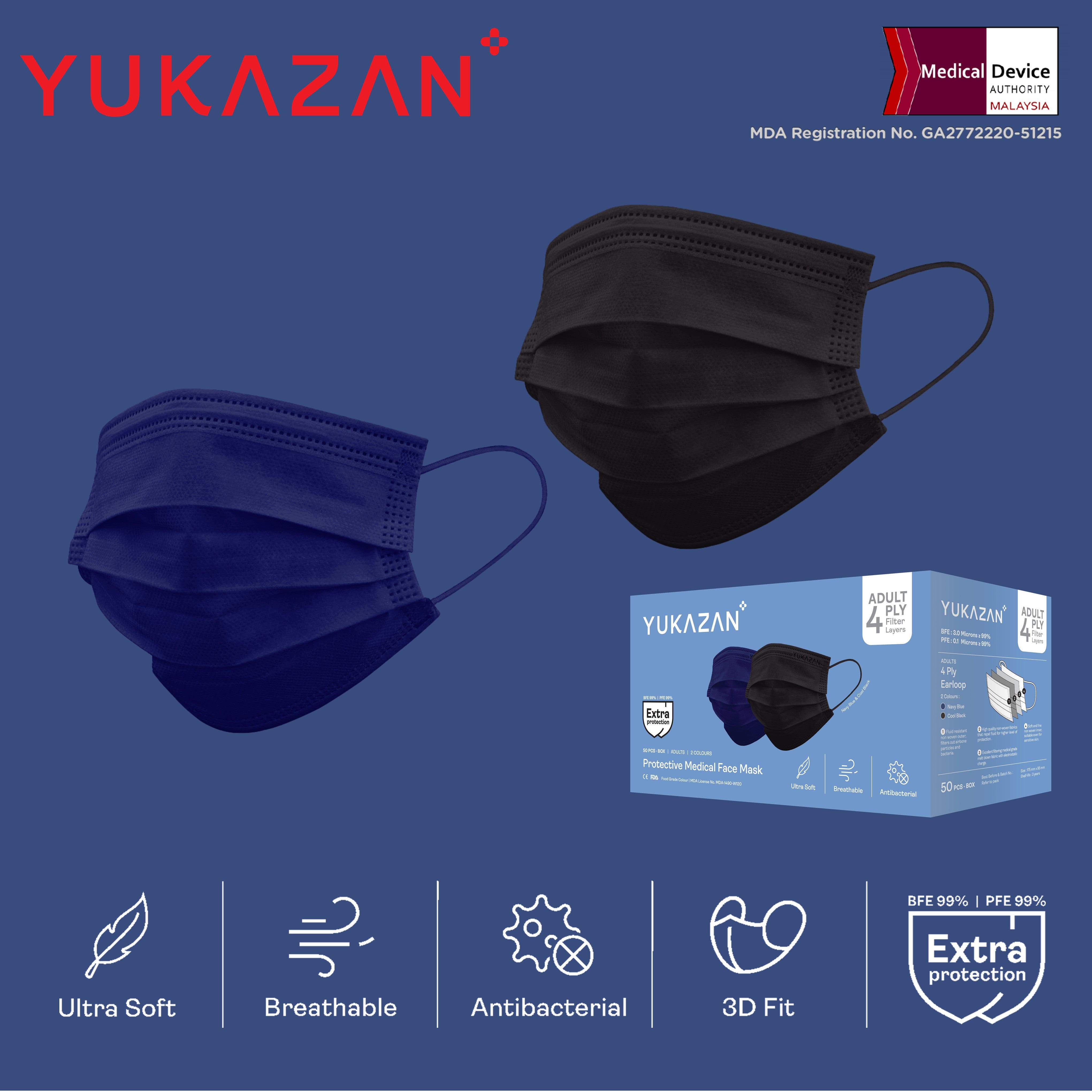 Yukazan Adult 4ply Navy Blue & Cool Black Protective Respirator Face Mask (50 Pcs/Box) - Yukazan Official Store