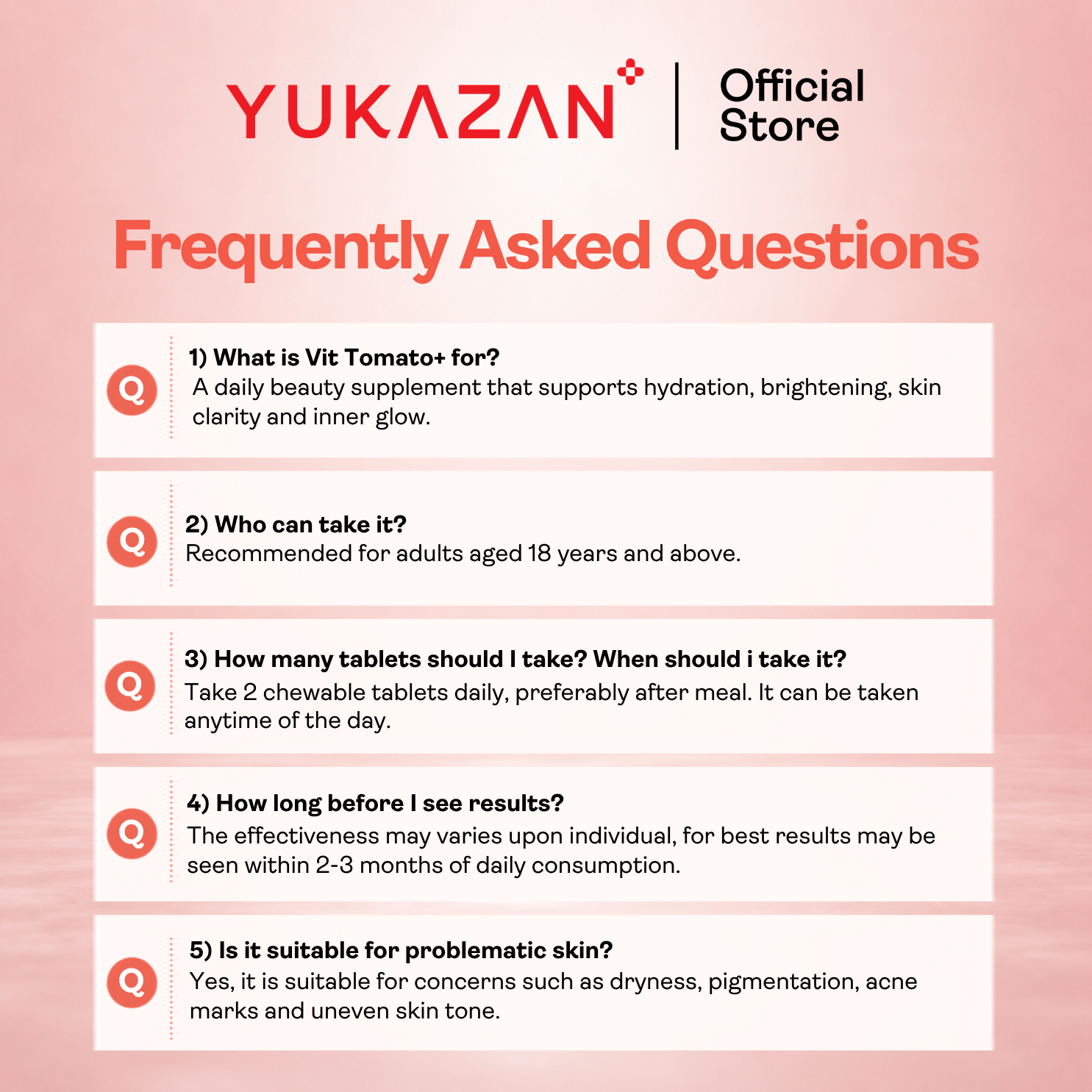 Yukazan Vit Tomato+ Brightening Supplement - Collagen, White Tomato, Oryza Ceramide Chewable Tablet - Oral Sunblock (30's)
