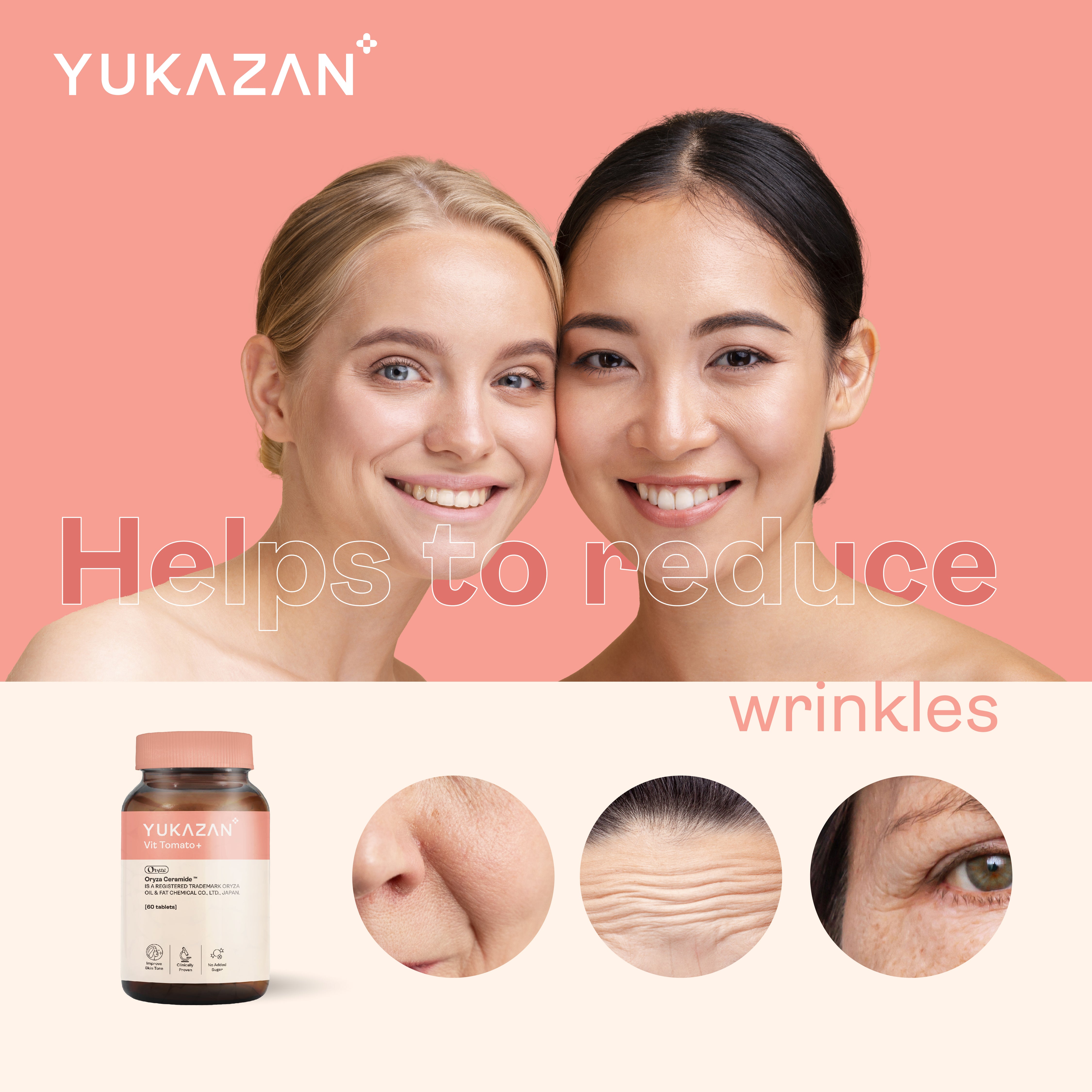 Yukazan Vit Tomato+ Brightening Supplement - Collagen, White Tomato, Oryza Ceramide Chewable Tablet - Oral Sunblock (60's)