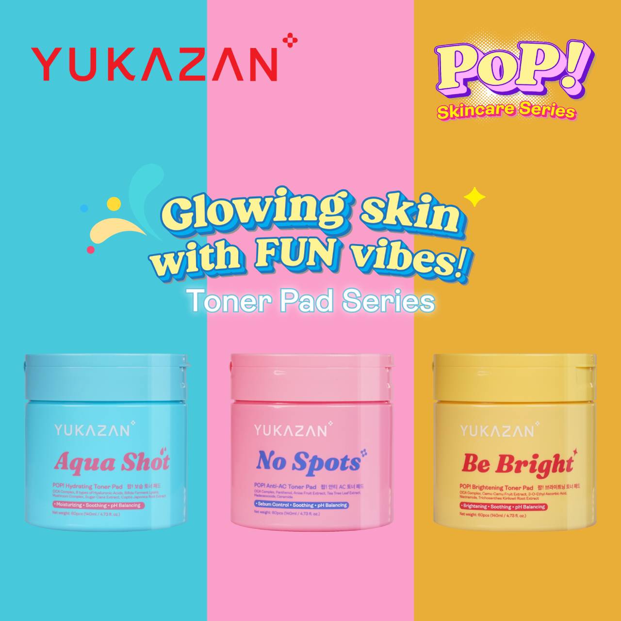 Yukazan POP! Aqua Shot Hydrating Toner Pad 60's - Soothing, Moisturizing, pH Balancing - Skincare, Face