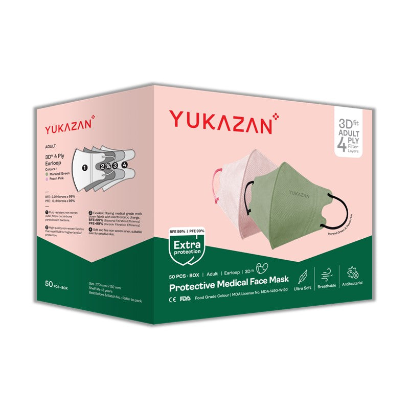 Yukazan Adult 3D Fit Morandi Green & Peach Pink Protective Respirator Face Mask (50 Pcs/Box) - Yukazan Official Store